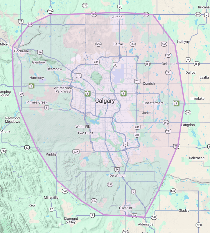 Map outlining the Calgary area Detail with Jaycee services
